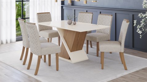 Mesa Solus 1600 Reto OffWhite + 06 Cadeiras Malu Linho