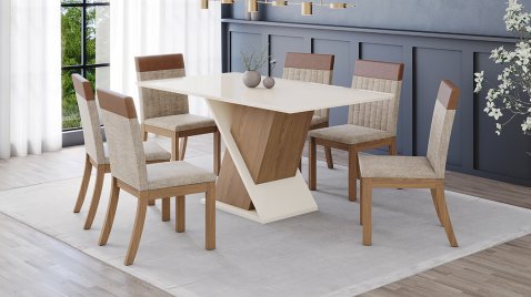 Mesa Solus 1600 Reto OffWhite + 06 Cadeiras Isa Plus Creme