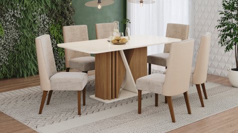 Mesa Valine 1600 Arred Vidro OffWhite + 06 Cadeiras Anne Creme
