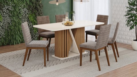 Mesa Valine 1800 Arred Vidro OffWhite + 06 Cadeiras Elena Cacao