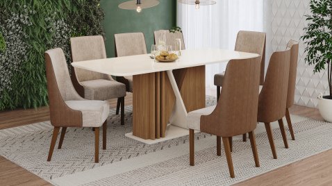 Mesa Valine 2000 Arred Vidro OffWhite + 08 Cadeiras Ivy Creme 