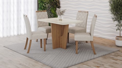 Mesa Vértice 1200 Arred Vidro OffWhite + 04 Cadeiras Bella Linho