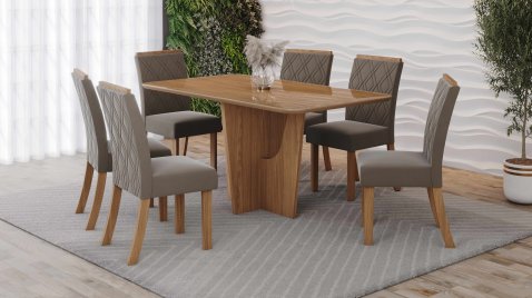 Mesa Vértice 1600 Arred Vidro Nature + 06 Cadeiras Vita Amêndoa