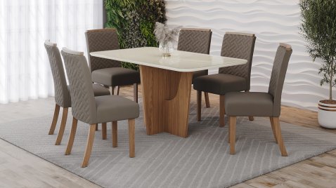 Mesa Vértice 1600 Arred Vidro OffWhite + 06 Cadeiras Malu Amêndoa