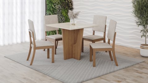 Mesa Vértice 900 Reta Vidro OffWhite + 04 Cadeiras Milla Linho