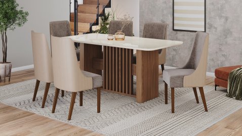 Mesa Vívian 1800 Arred Vidro OffWhite + 06 Cadeiras Ivy Cacao