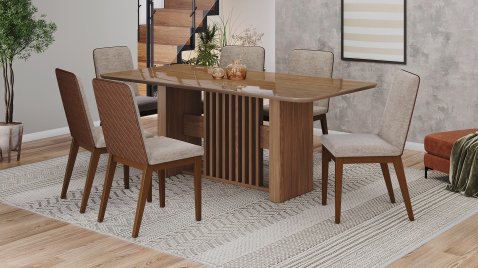 Mesa Vívian 2000 Arred Vidro Nature + 06 Cadeiras Pietra Creme