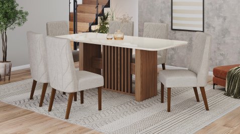 Mesa Vívian 2000 Arred Vidro OffWhite + 06 Cadeiras Eloa Linho