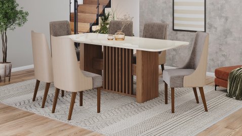 Mesa Vívian 2000 Arred Vidro OffWhite + 06 Cadeiras Ivy Cacao