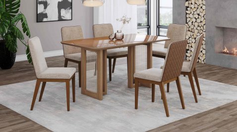 Mesa Yara 1600 Arred Vidro Nature + 06 Cadeiras Pietra Creme