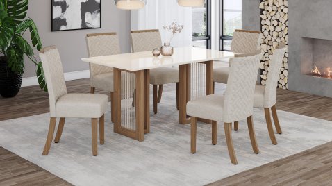 Mesa Yara 1600 Reto Vidro OffWhite + 06 Cadeiras Malu Linho