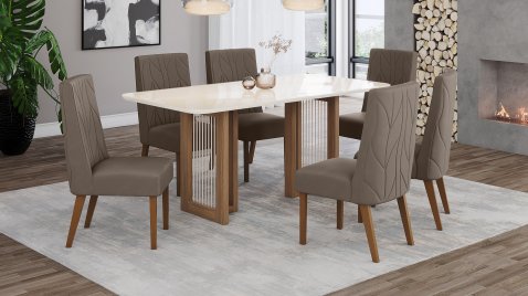 Mesa Yara 1800 Arred Vidro OffWhite + 06 Cadeiras Eloa Amendoa