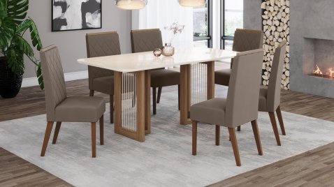 Mesa Yara 1800 Arred Vidro OffWhite + 06 Cadeiras Nina Amendoa