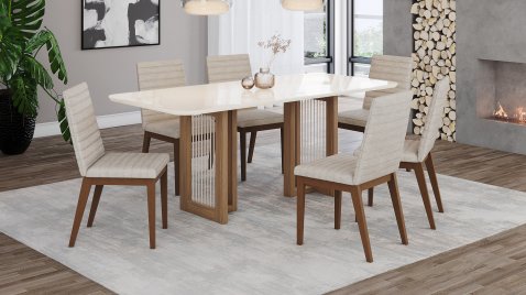 Mesa Yara 2000 Arred Vidro OffWhite + 06 Cadeiras Elena Linho