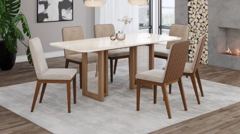 Mesa Yara 2000 Arred Vidro OffWhite + 06 Cadeiras Pietra Creme 