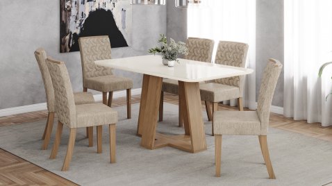 Mesa Lins 1600 Arred Vidro OffWhite + 06 Cadeiras Esther Creme