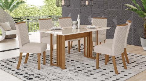 Mesa Ísis 1.600 Reta Vidro + 06 Cadeiras Malu