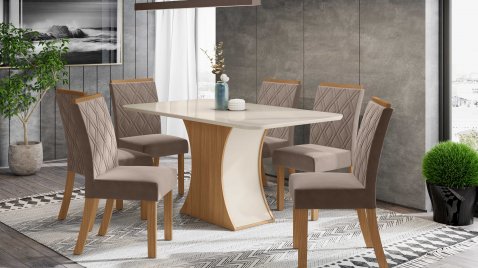 Mesa Luiza 1.600 Arredondado Vidro + 06 Cadeiras Vita